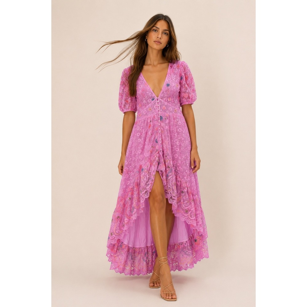LoveShackFancy Pink Lace Embroidered High Low Maxi Dress Boho Fairy Cottagecore